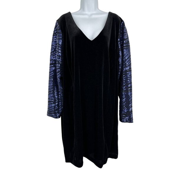 Lane Bryant Blue Sequin Long Sleeve Deep V-Neck and Back Velvet Dress Size 26 - Picture 1 of 11